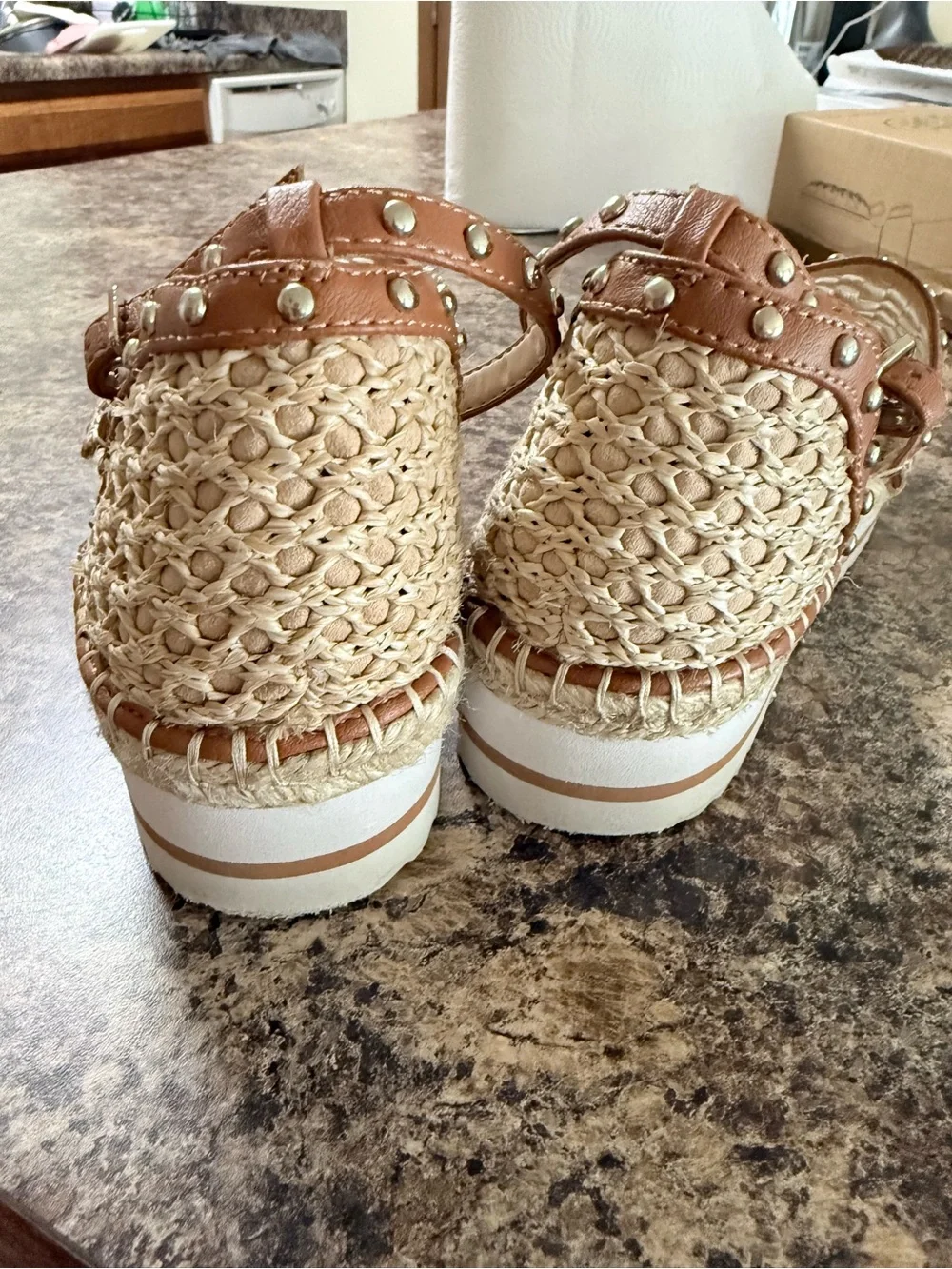 Jennifer Lopez Cream Woven Espadrille Flats with Tan Trim and Ankle Strap